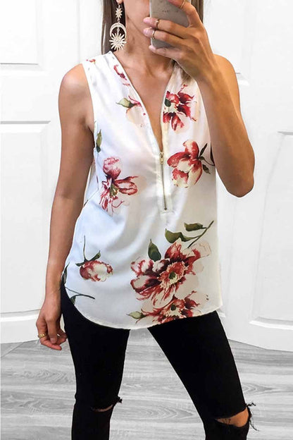 Camiseta sin mangas floral con diseño de cremallera de moda de verano