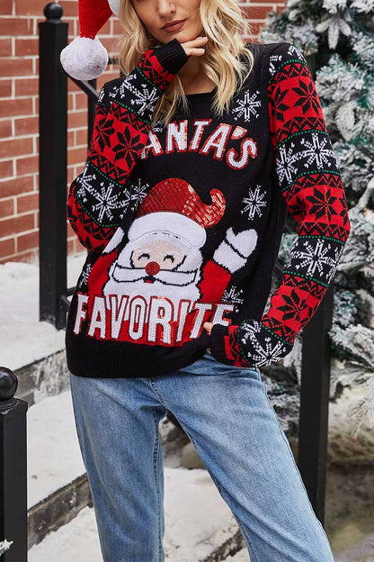 Suéter de punto con cuello redondo y bordado de Papá Noel