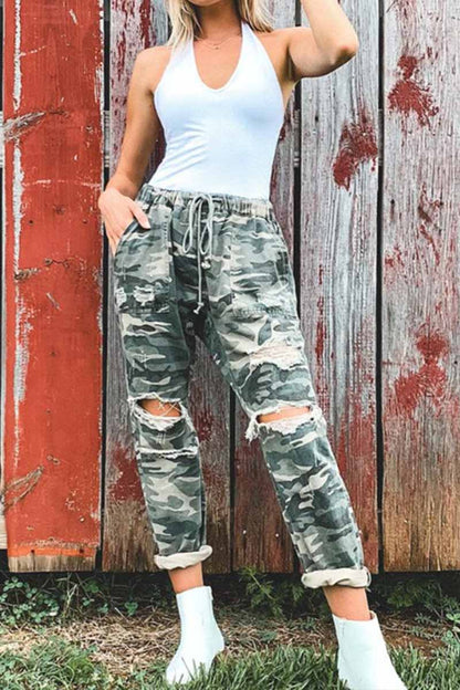 Pantalones de camuflaje con cintura ajustable y agujeros