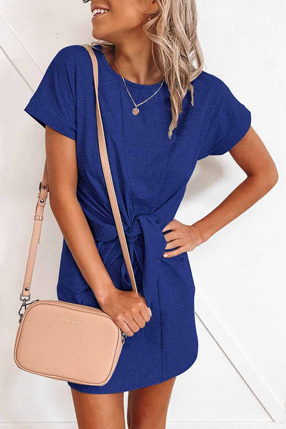 Loose Tie Solid Color Short Sleeves Mini Dress(6 Colors)