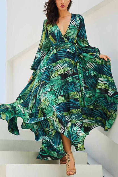 Vestido largo con cuello en V y estampado de hojas