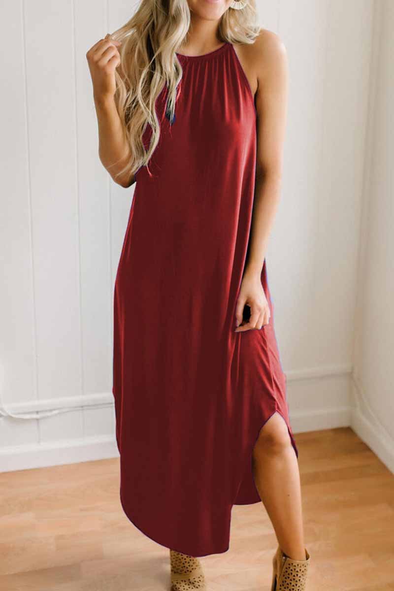 Vestido midi holgado, sexy, de color liso y tirantes finos