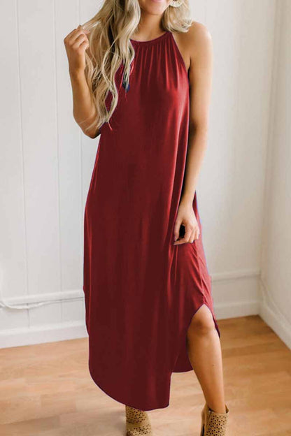 Vestido midi holgado, sexy, de color liso y tirantes finos