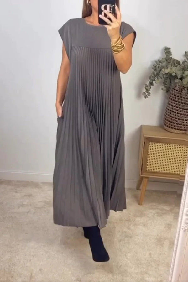 Vestido plisado sencillo sin mangas de color sólido