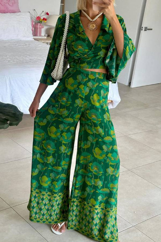 Conjunto informal de dos piezas con cuello en V, top y pantalón con cordones