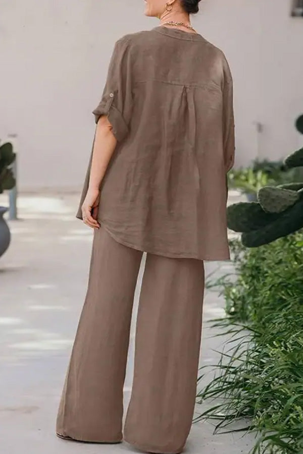 Conjunto de camisa y pantalón de color liso holgado informal