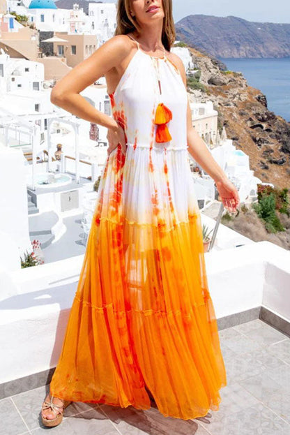 Vestido largo con cuello halter y borlas con estampado degradado de Island Evenings