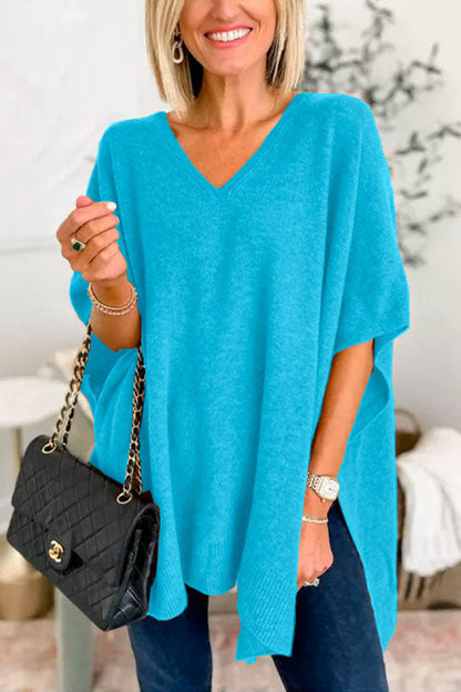 Suéter tipo poncho holgado de color liso con cuello en V más elegante