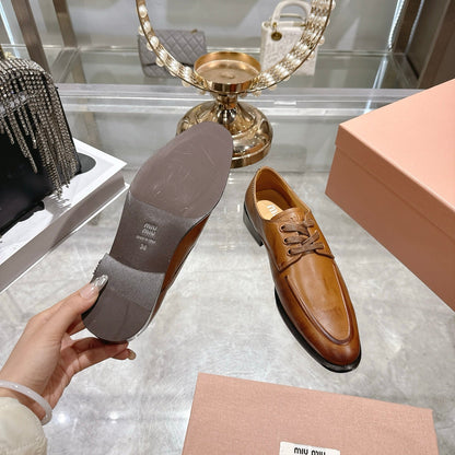 Miu Distressed Loafers Camel Brown Cowhide 592057