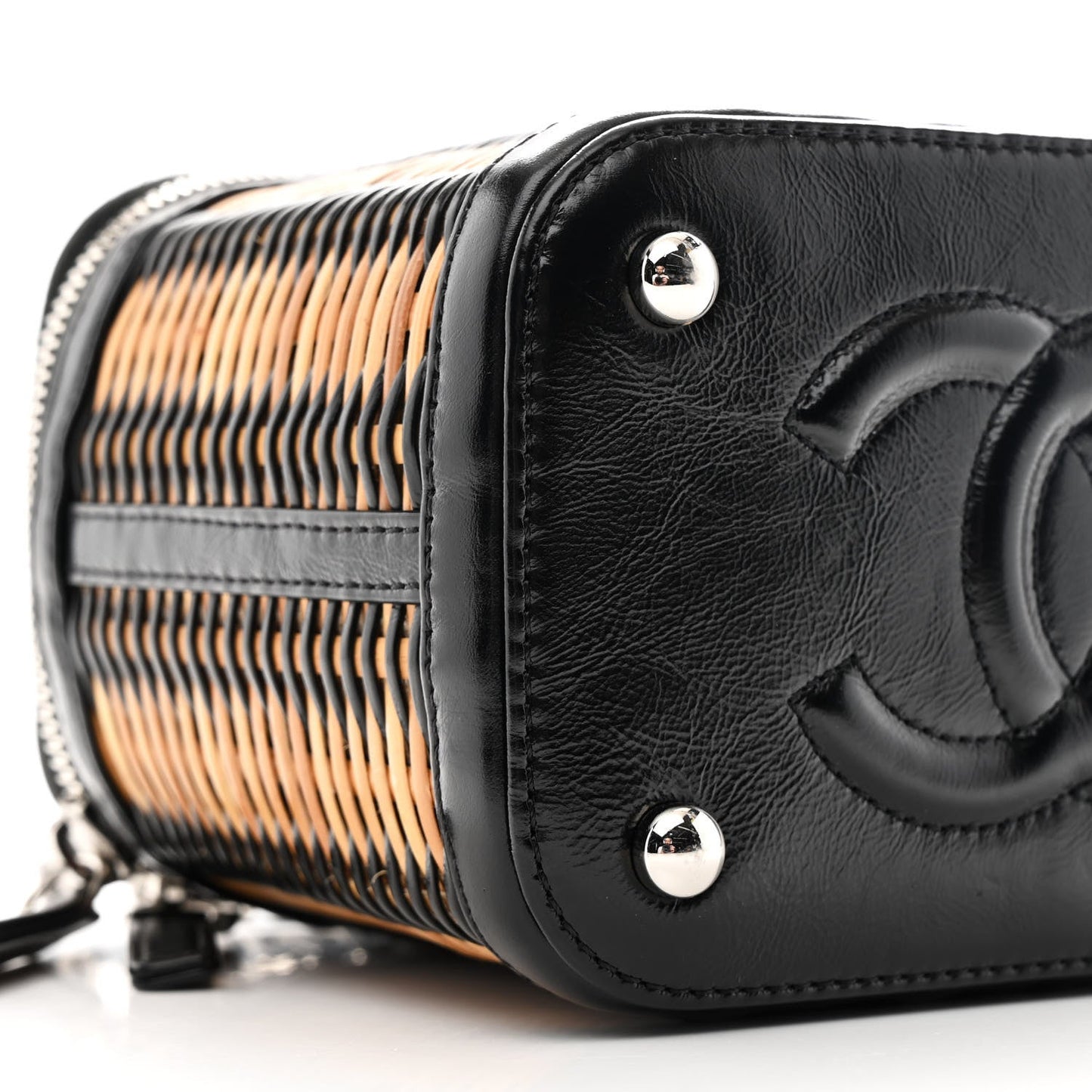 Calfskin Raffia Small Vanity Case Bag Black Beige