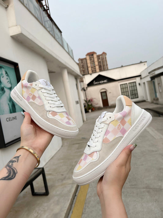 LV Groovy Sneaker White Pink Yellow Damier Canvas Suede 597684