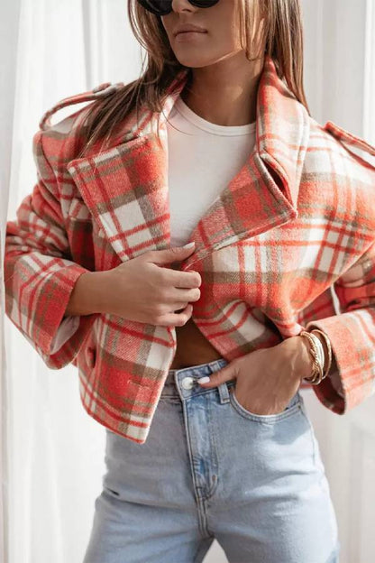 Chaqueta con estampado de cuadros y cuello vuelto para mujer, otoño/invierno
