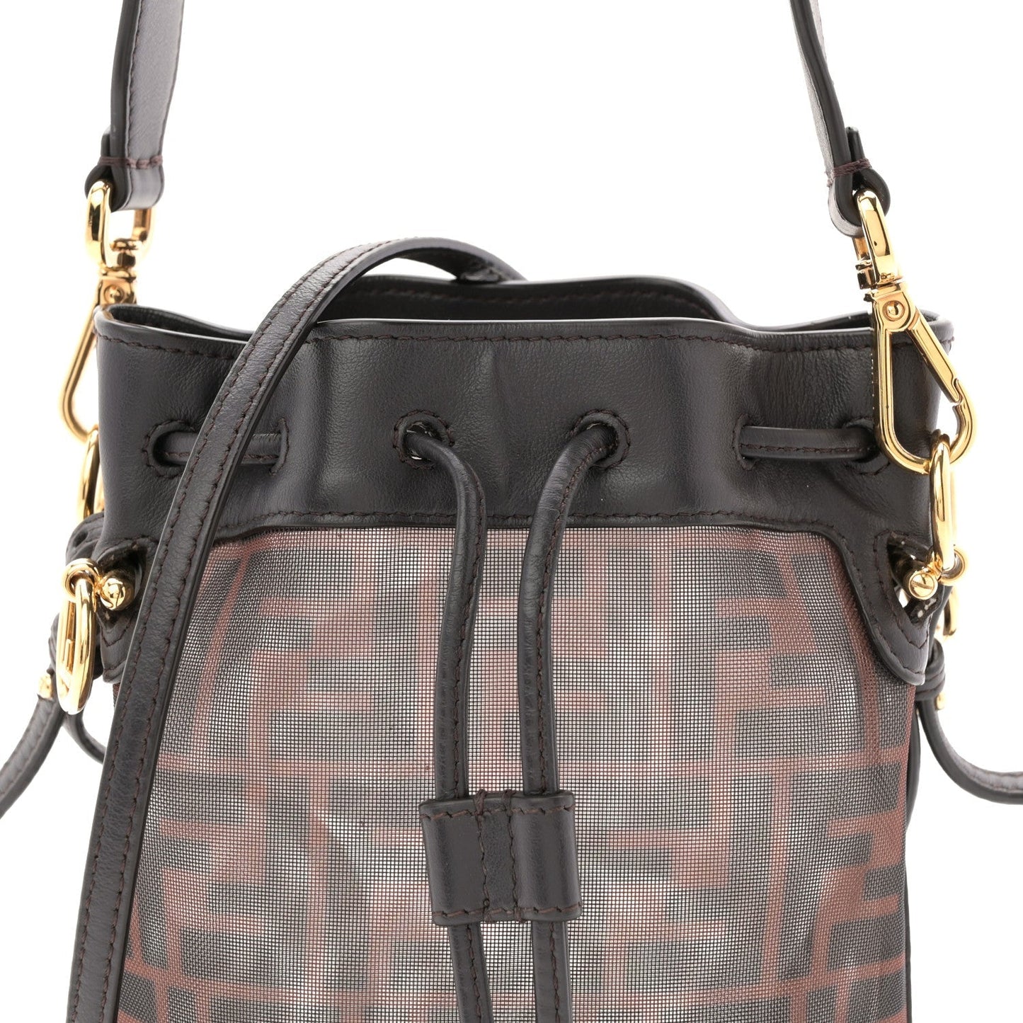 Mesh Vitello Grace F is Fendi FF 1974 Mini Mon Tresor Bucket Bag Marrone Black Ebano