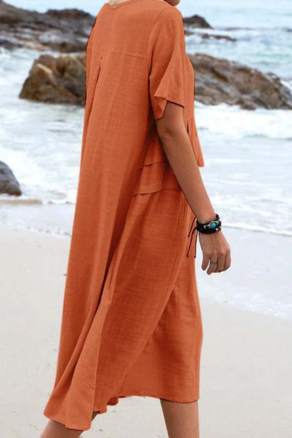 Vestido de verano holgado informal de algodón y lino, color liso, cuello redondo, manga corta y largo medio