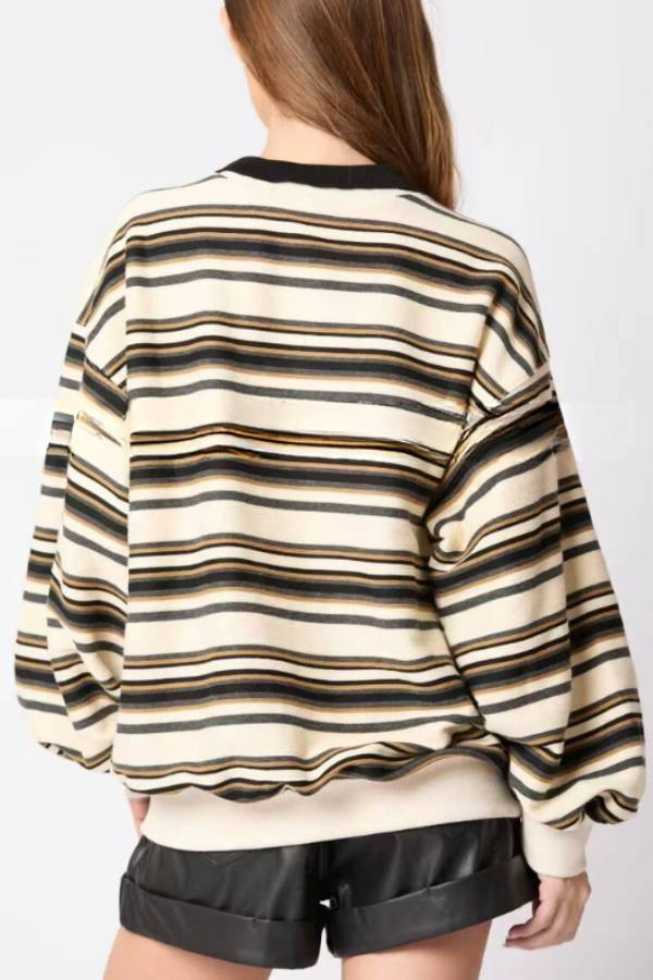 Sudadera informal holgada de manga larga con solapa a rayas 