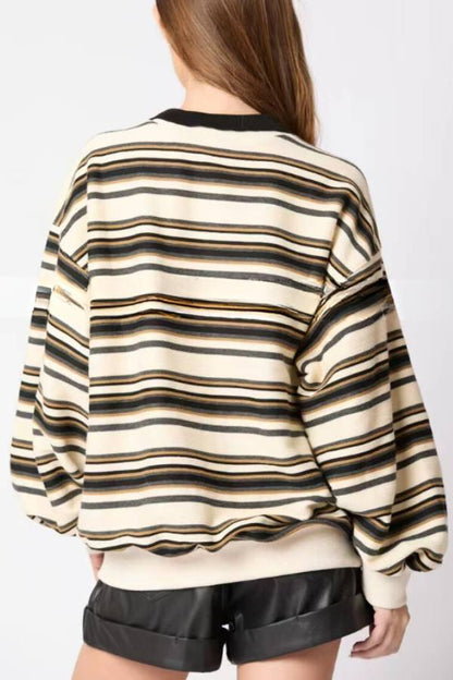 Sudadera informal holgada de manga larga con solapa a rayas 