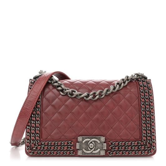 Glazed Calfskin Quilted Medium Boy Chained Flap Bordeaux