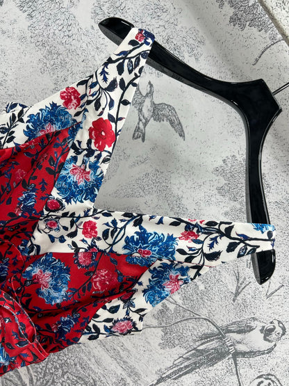 LV 25 Retro Floral Pattern Suspender Flower Dress Red Poliester