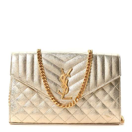 Metallic Calfskin Tri-Quilt Monogram Envelope Chain Wallet  Oro