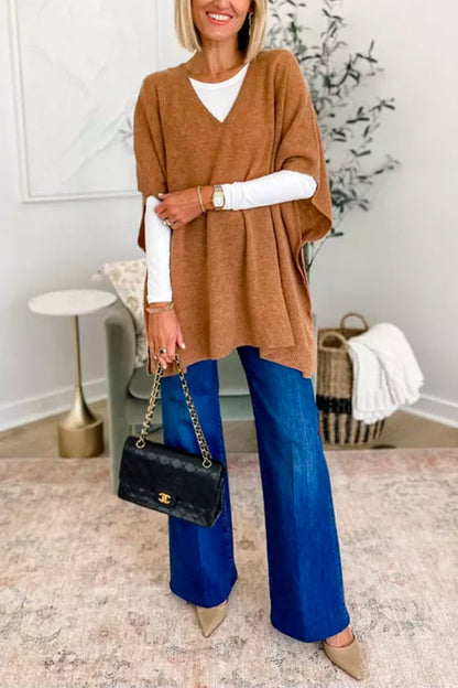Suéter tipo poncho holgado de color liso con cuello en V más elegante