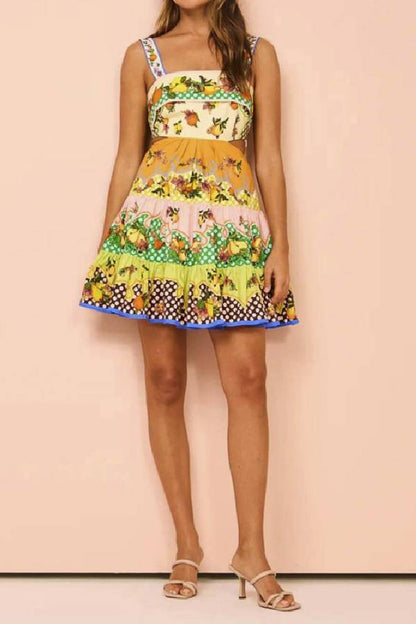 Vestido mini veraniego multicolor con dobladillo preatado en limón