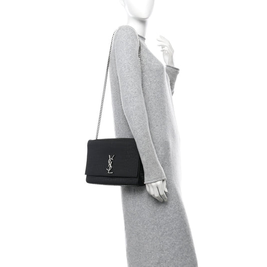 Calfskin Crocodile Embossed Large Classic Monogram Kate Satchel Black