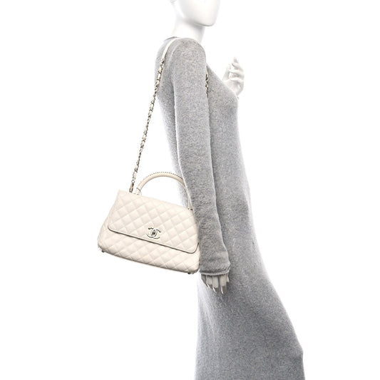 Caviar Quilted Small Chain Coco Handle Flap White