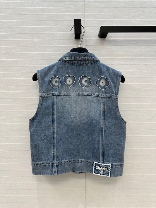 CC 25 Embroidered Vest Jacket Blue Denim Cotton