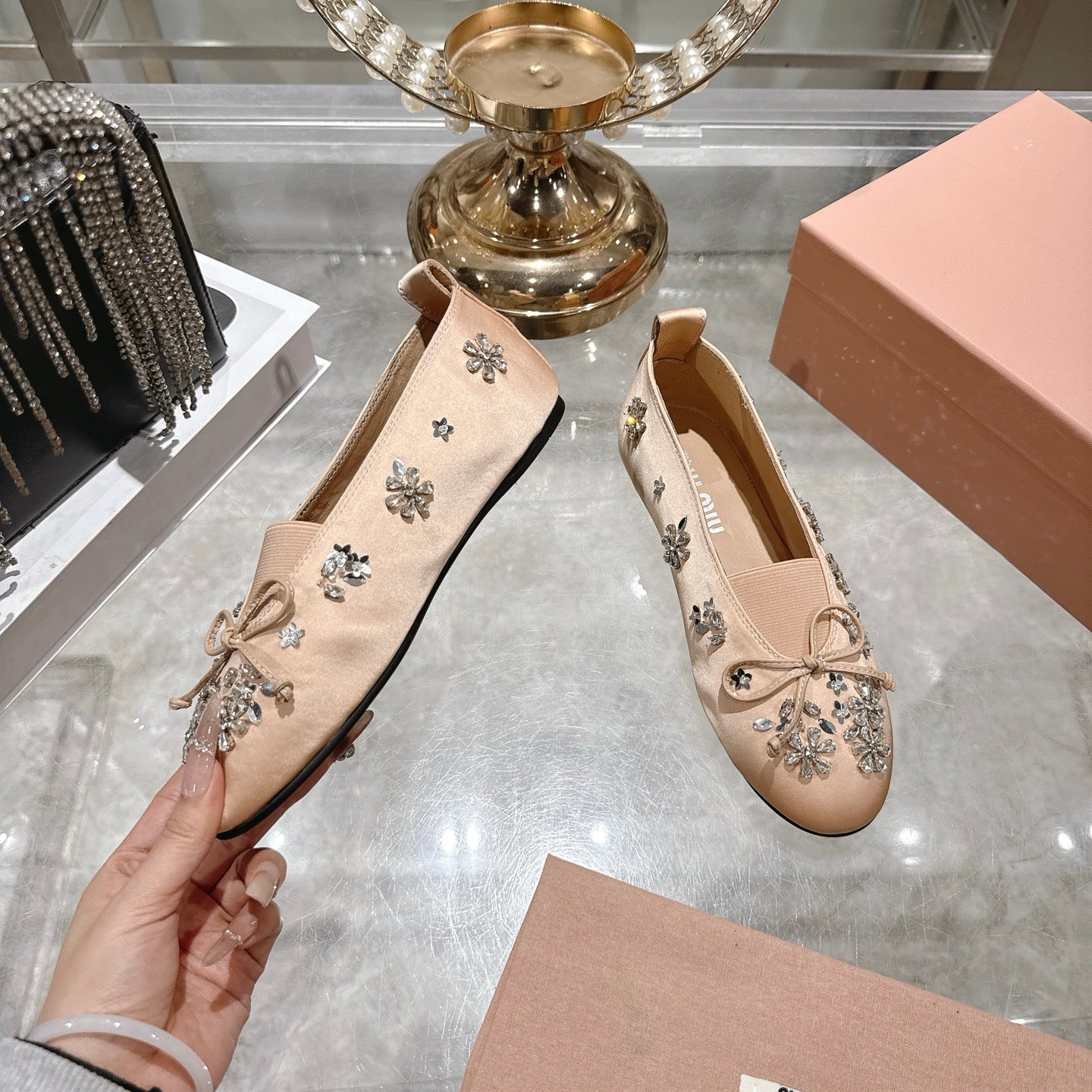 Miu 26 Ballet Flats with Crystal Rhinestones Light Pink Silk Satin 592101