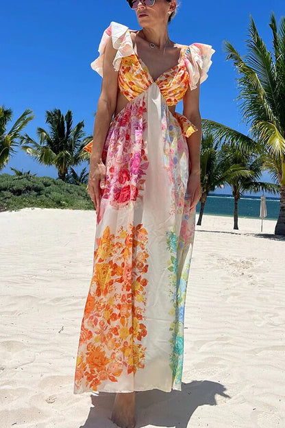 Vestido largo con volantes florales multicolores y espalda recortada con lazo Blooming Beauty