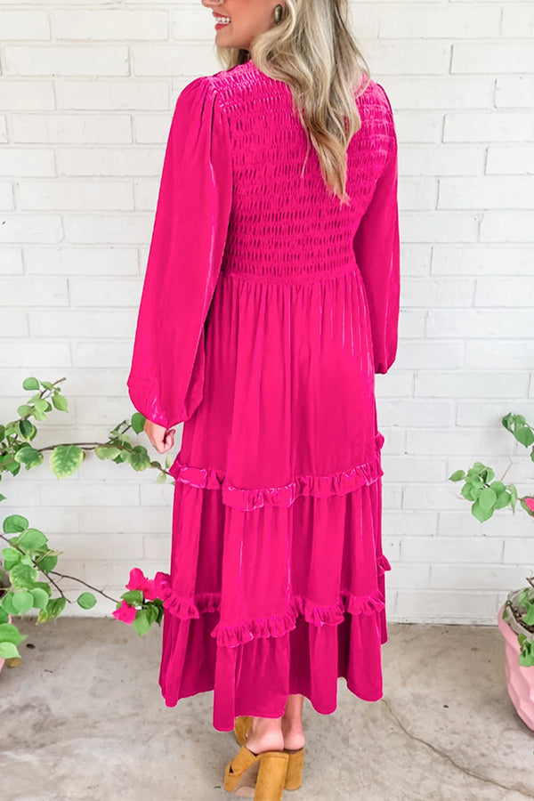 Vestido de terciopelo de manga larga con escote en V fruncido en rojo rosa