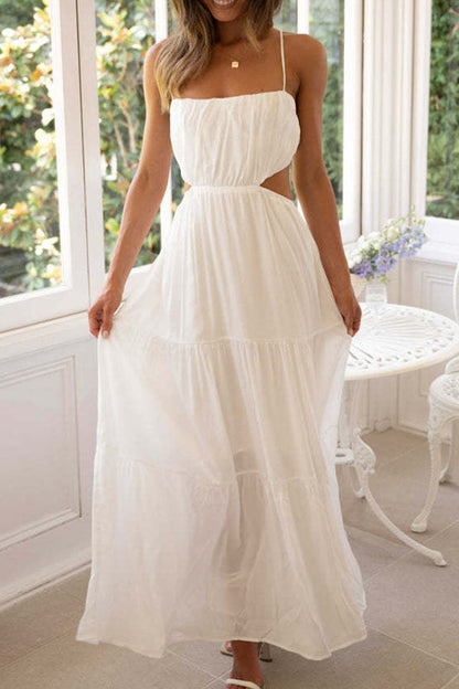 Vestido largo sin mangas con cintura abierta y capas 
