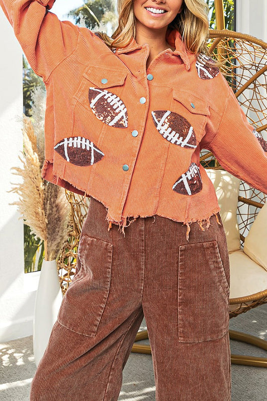 Chaqueta de pana y rugby con lentejuelas y borlas multicolores para mujer, uniforme de béisbol.