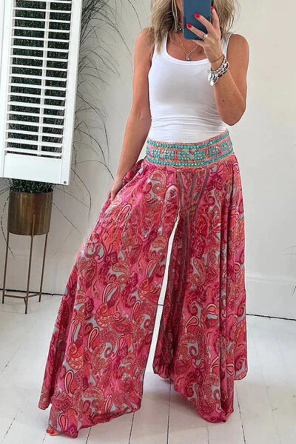 Pantalones ligeros con bolsillos y cintura elástica con estampado paisley étnico