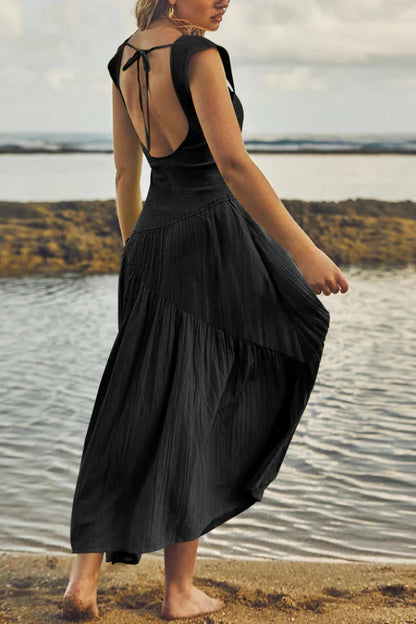 VESTIDO MÁXIMO FEMENINO CON VOLANTES Y FRANJA