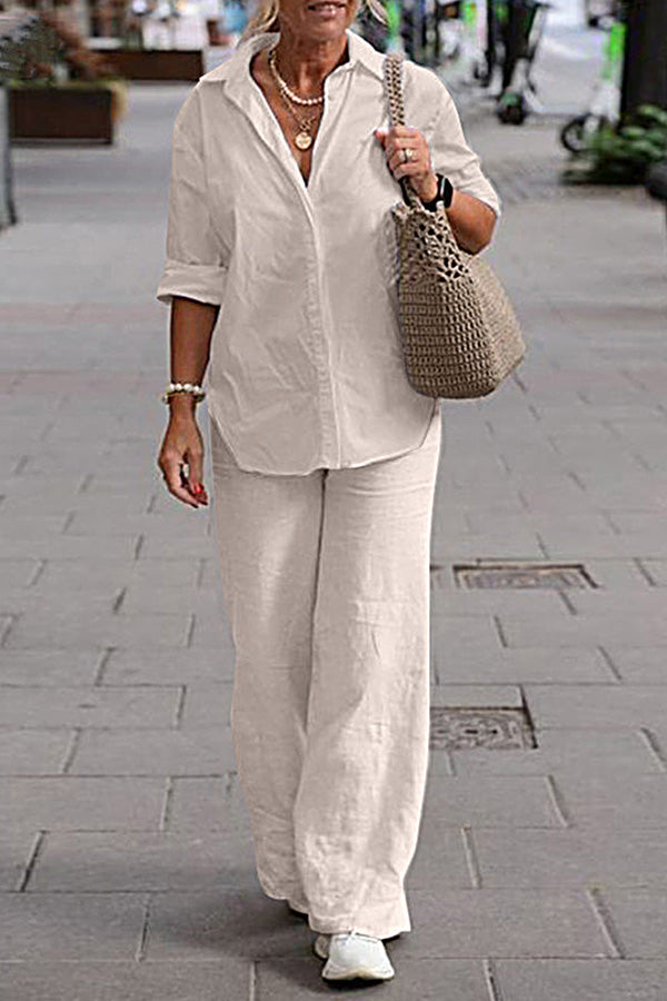 Conjunto de dos piezas: camisa de manga larga con solapa y pantalón ancho de color liso informal