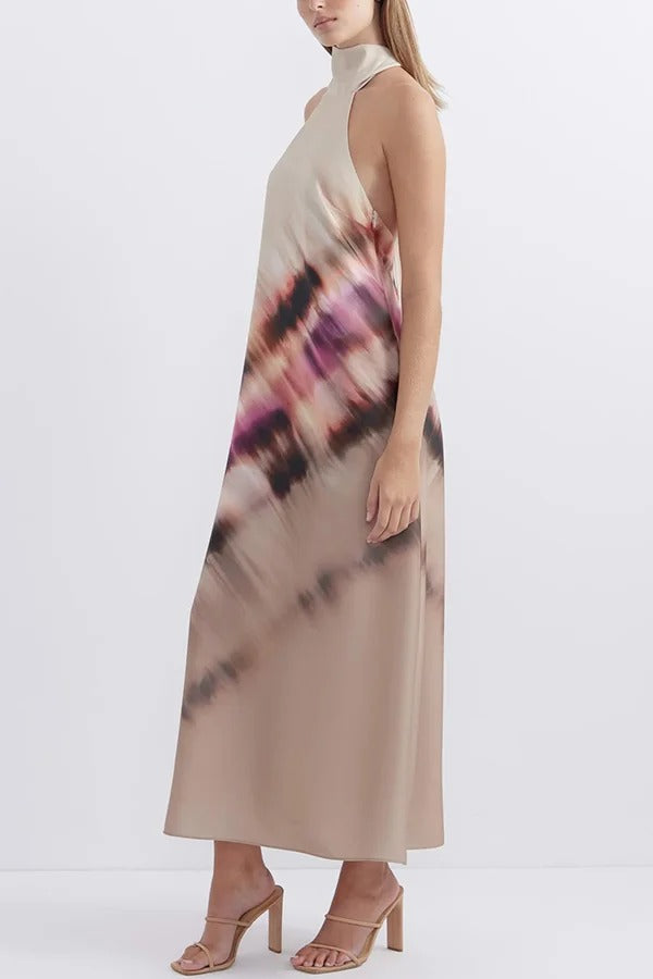 Vestido largo con cuello halter, espalda descubierta y cordones, estampado único