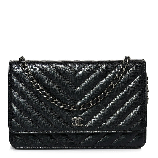 Iridescent Caviar Chevron Quilted Wallet On Chain WOC Black