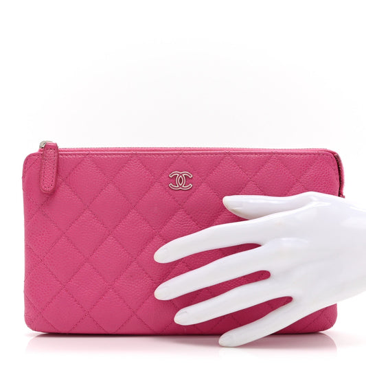 Caviar Quilted Enamel Zipped Clutch  Pink