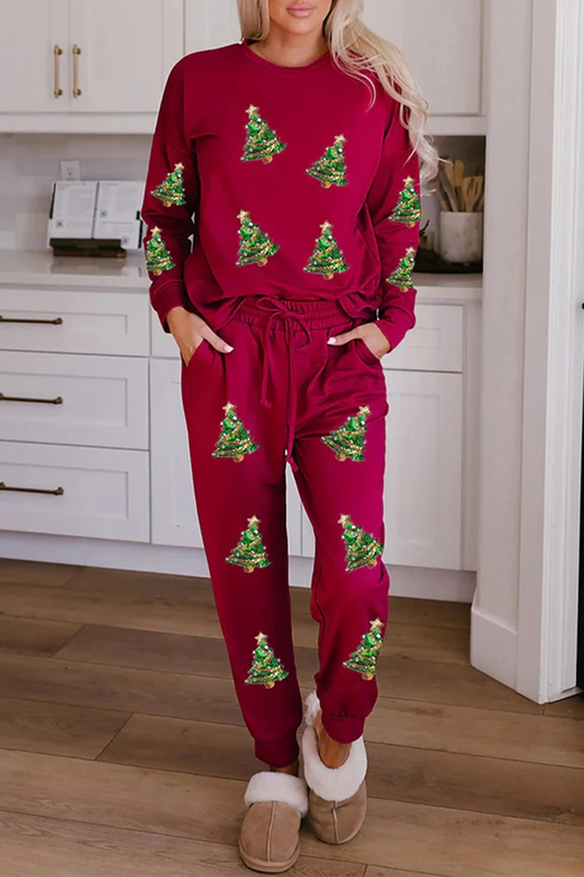 Conjunto informal de dos piezas con cuello redondo, manga larga y lentejuelas, con cordones y árbol de Navidad de Papá Noel para fiesta