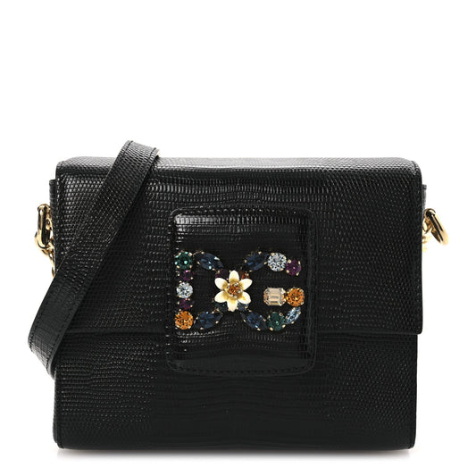 Lizard Embossed Crystal Embellished DG Millennials Mini Crossbody Bag Black
