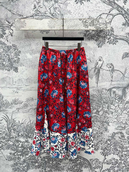 LV 25 Elastic Waist Old Flower Leather Skirt Red Poliester