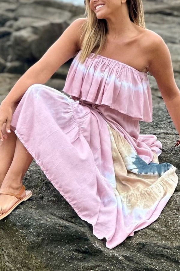 Vestido largo batik con volantes hecho a mano