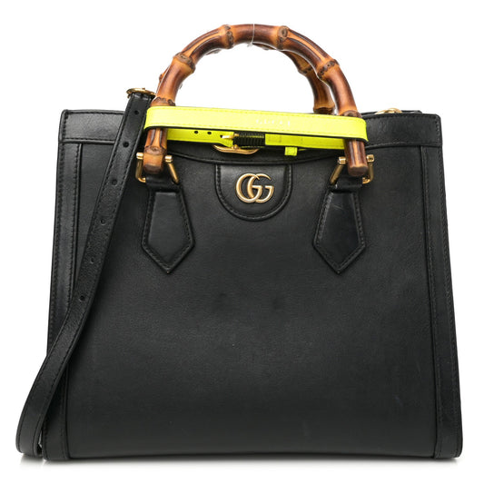 Calfskin Small Diana Tote Bag Black Yellow Fluo