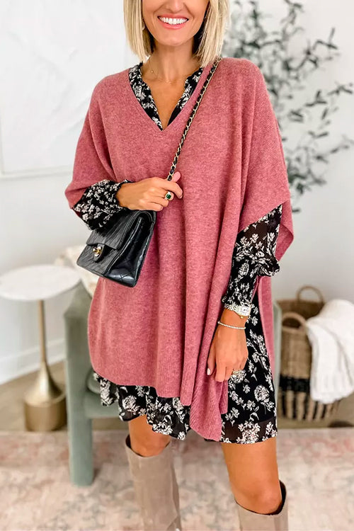 Suéter tipo poncho holgado de color liso con cuello en V más elegante
