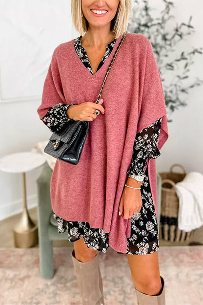 Suéter tipo poncho holgado de color liso con cuello en V más elegante