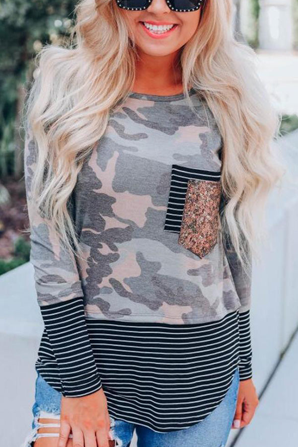 Camiseta informal de manga larga a rayas con bolsillo de lentejuelas