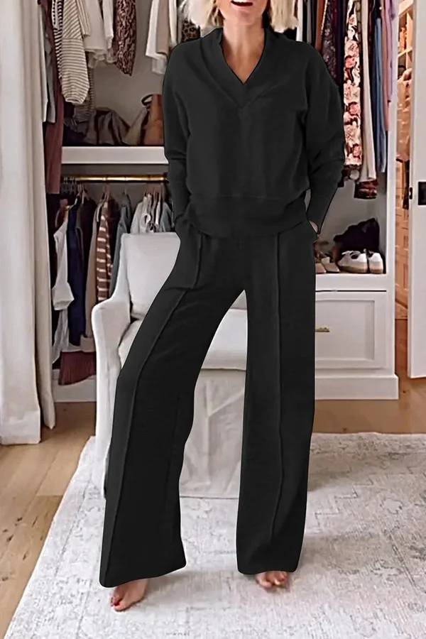 Conjunto de top de cuello en V y pantalones de estar por casa con bolsillos y cintura elástica de color liso para el frío 