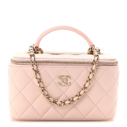 Lambskin Quilted Trendy Small Top Handle Vanity Case With Chain Light Pink