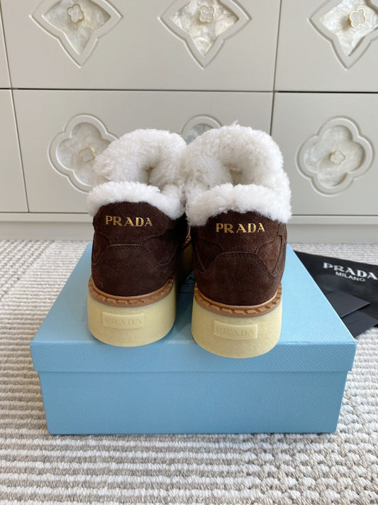 Prada Mid-Top Sneakers Coffee Brown Suede White Shearing 564155